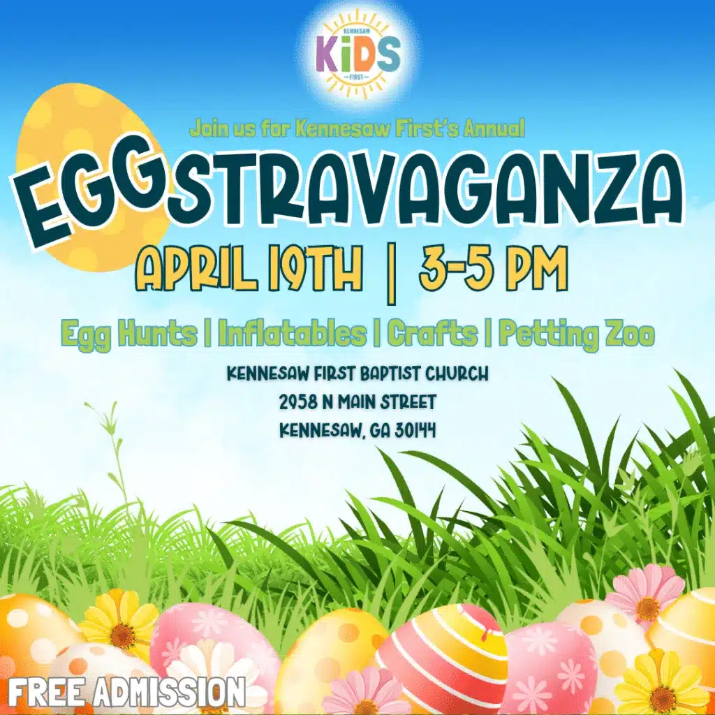 Families enjoying Eggstravaganza 2025 at Kennesaw First with egg hunts, inflatables, and a petting zoo.